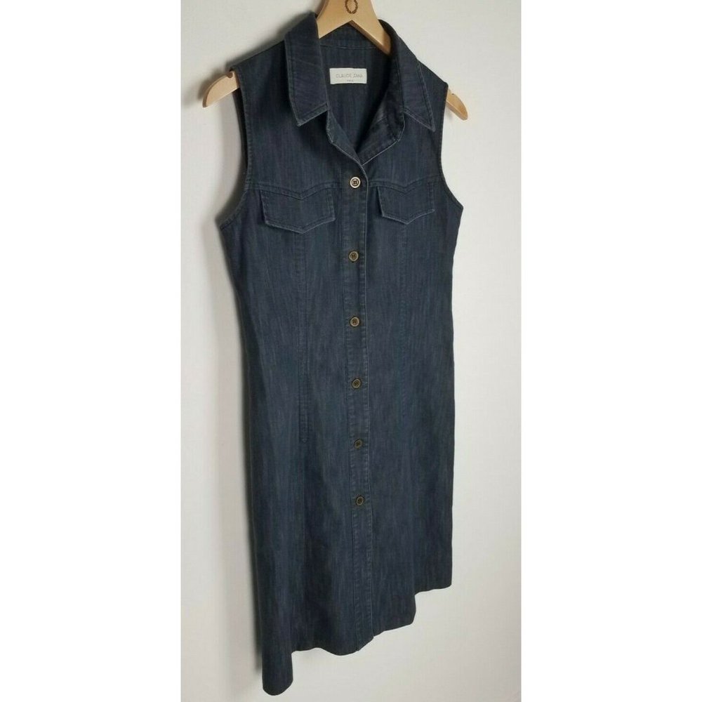 Claude Zana Paris Sz. M Denim Button Up Sleeveless Collared Short Dress - Picture 2 of 5
